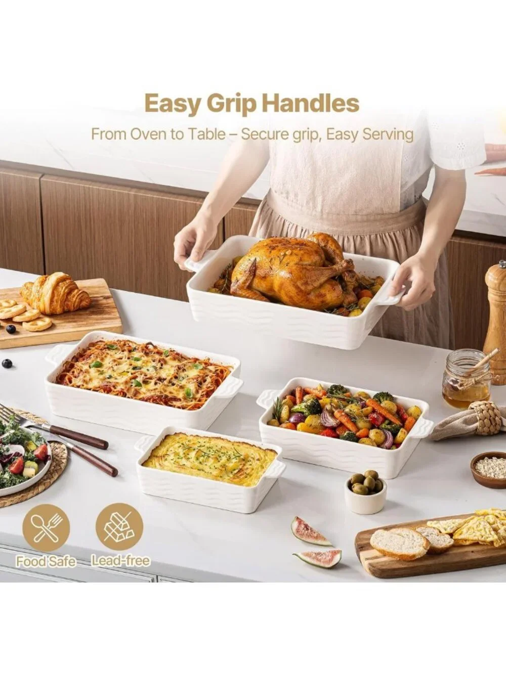 Ceramic Casserole Dishes Set of 4, Rectangular Baking Pans with Handles, White